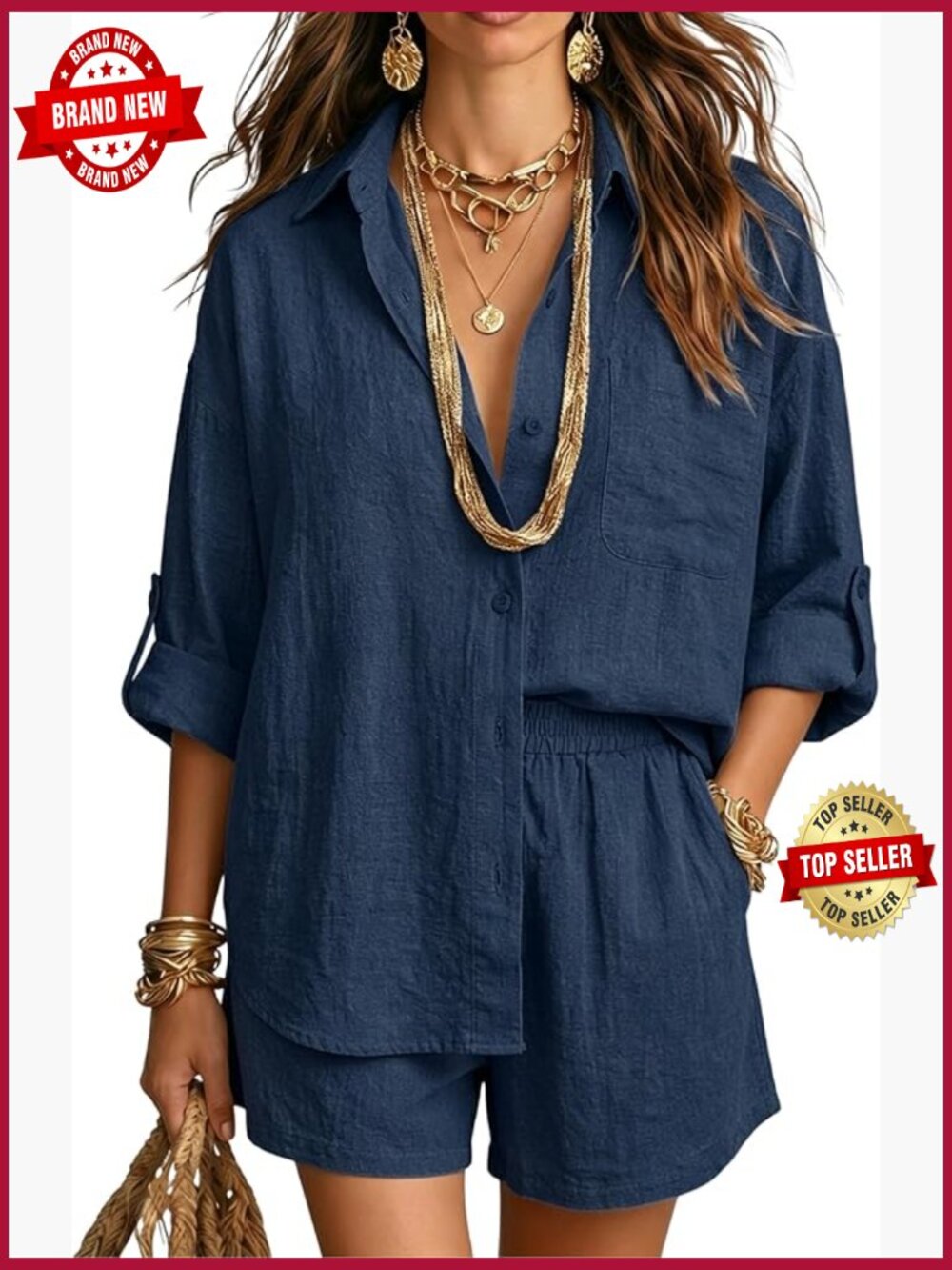 Cotton Linen 2 Piece Set with Pockets Long Sleeve Shirt and Shorts Matching